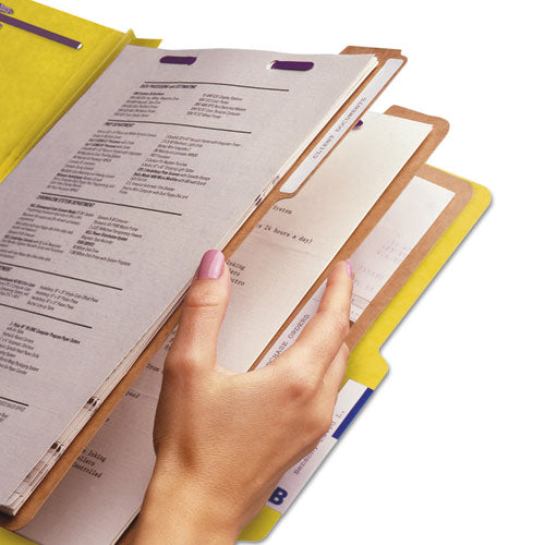Image of Smead Eight-Section Pressboard Top Tab Classification Folders, Eight SafeSHIELD Fasteners, 3 Dividers, Legal Size, Yellow, 10/Box