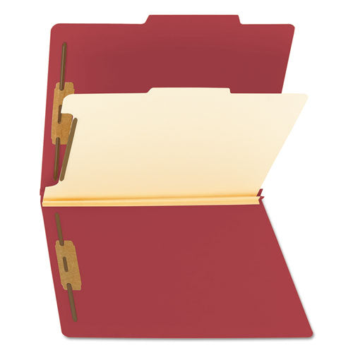 Image of Smead Top Tab Classification Folders, Four SafeSHIELD Fasteners, 2" Expansion, 1 Divider, Letter Size, Red Exterior, 10/Box