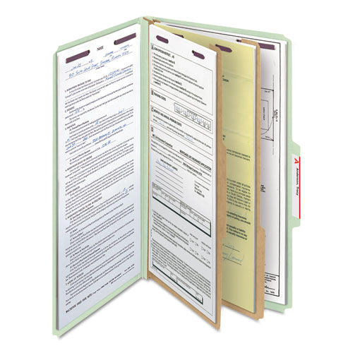 Image of Smead Pressboard Classification Folders, Six SafeSHIELD Fasteners, 2/5-Cut Tabs, 2 Dividers, Legal Size, Gray-Green, 10/Box