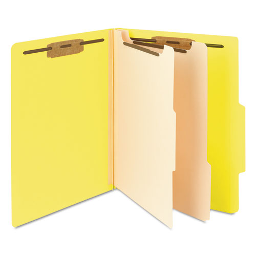 Image of Smead Top Tab Classification Folders, Six SafeSHIELD Fasteners, 2" Expansion, 2 Dividers, Letter Size, Yellow Exterior, 10/Box