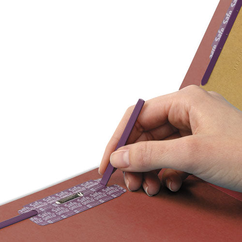 Image of Smead Pressboard Classification Folders, Six SafeSHIELD Fasteners, 1/3-Cut Tabs, 2 Dividers, Legal Size, Red, 10/Box