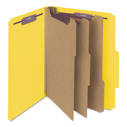 Image of Smead Eight-Section Pressboard Top Tab Classification Folders, Eight SafeSHIELD Fasteners, 3 Dividers, Letter Size, Yellow, 10/Box