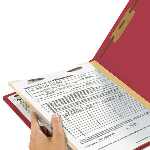 Image of Smead Top Tab Classification Folders, Four SafeSHIELD Fasteners, 2" Expansion, 1 Divider, Letter Size, Red Exterior, 10/Box