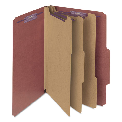 Image of Smead Pressboard Classification Folders, Eight SafeSHIELD Fasteners, 2/5-Cut Tabs, 3 Dividers, Legal Size, Red, 10/Box