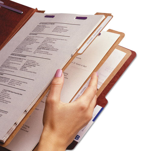 Image of Smead Pressboard Classification Folders, Eight SafeSHIELD Fasteners, 2/5-Cut Tabs, 3 Dividers, Legal Size, Red, 10/Box