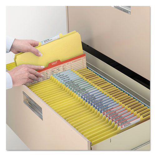 Image of Smead Eight-Section Pressboard Top Tab Classification Folders, Eight SafeSHIELD Fasteners, 3 Dividers, Legal Size, Yellow, 10/Box