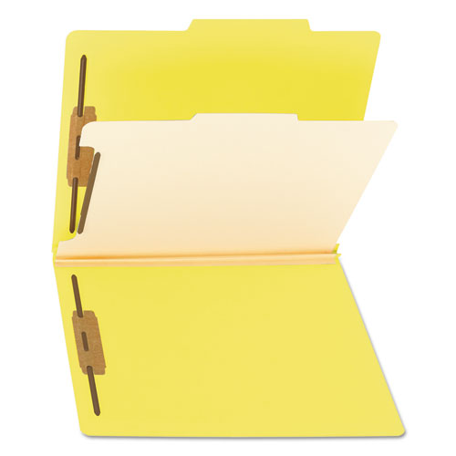 Image of Smead Top Tab Classification Folders, Four SafeSHIELD Fasteners, 2" Expansion, 1 Divider, Letter Size, Yellow Exterior, 10/Box