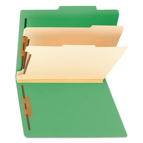 Image of Smead Top Tab Classification Folders, Six SafeSHIELD Fasteners, 2" Expansion, 2 Dividers, Letter Size, Green Exterior, 10/Box