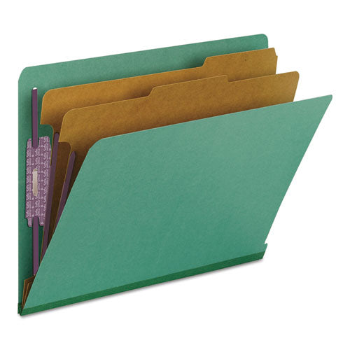 Image of Smead End Tab Pressboard Classification Folders, Six SafeSHIELD Fasteners, 2" Expansion, 2 Dividers, Letter Size, Green, 10/Box