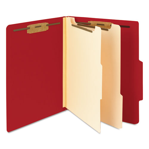 Image of Smead Top Tab Classification Folders, Six SafeSHIELD Fasteners, 2" Expansion, 2 Dividers, Letter Size, Red Exterior, 10/Box