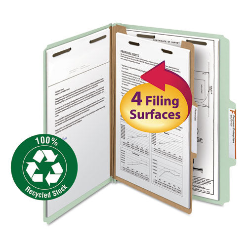 Image of Smead Recycled Pressboard Classification Folders, 2" Expansion, 1 Divider, 4 Fasteners, Letter Size, Gray-Green, 10/Box