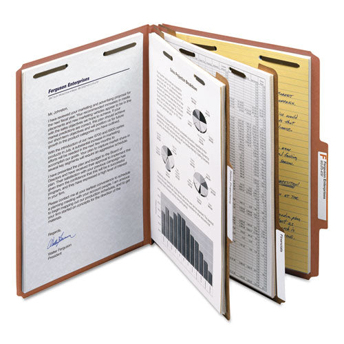 Image of Smead Recycled Pressboard Classification Folders, 2" Expansion, 2 Dividers, 6 Fasteners, Letter Size, Red Exterior, 10/Box