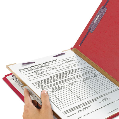 Image of Smead Four-Section Pressboard Top Tab Classification Folders, Four SafeSHIELD Fasteners, 1 Divider, Letter Size, Bright Red, 10/Box