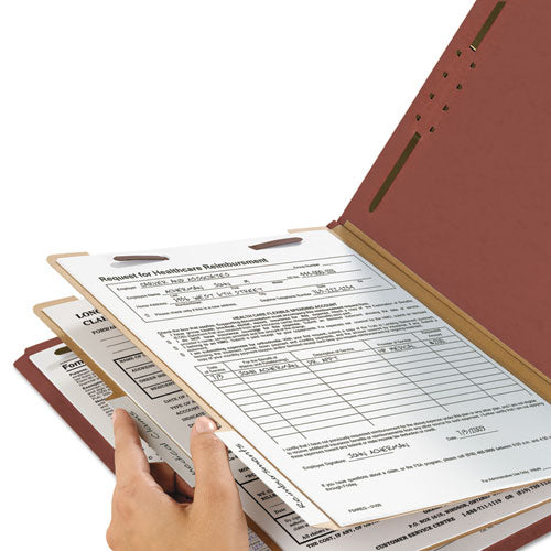 Image of Smead Recycled Pressboard Classification Folders, 2" Expansion, 2 Dividers, 6 Fasteners, Letter Size, Red Exterior, 10/Box