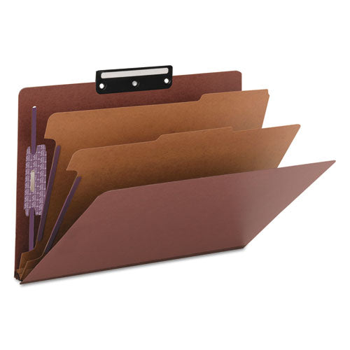 Image of Smead Pressboard Classification Folders, Six SafeSHIELD Fasteners, 1/3-Cut Tabs, 2 Dividers, Legal Size, Red, 10/Box
