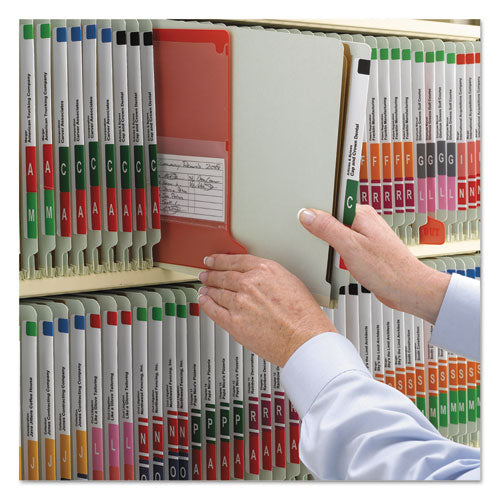 Image of Smead End Tab Pressboard Classification Folder, Eight SafeSHIELD Fasteners, 3" Expansion, 3 Dividers, Letter Size, Gray-Green,10/BX
