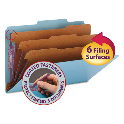 Image of Smead Eight-Section Pressboard Top Tab Classification Folders, Eight SafeSHIELD Fasteners, 3 Dividers, Legal Size, Blue, 10/Box