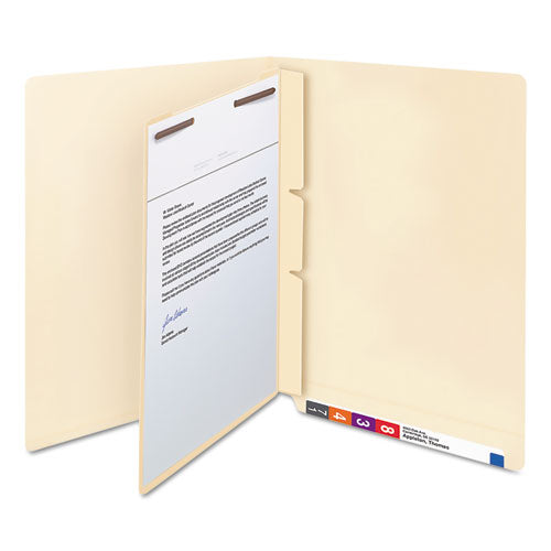 Image of Smead Self-Adhesive Folder Dividers with Twin-Prong Fasteners for Top/End Tab Folders, 1 Fastener, Letter Size, Manila, 100/Box