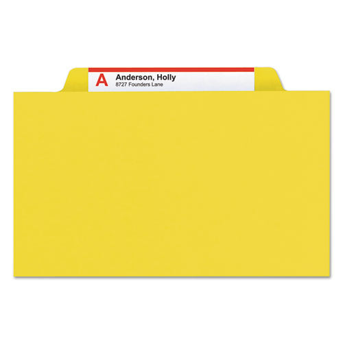 Image of Smead 6-Section Pressboard Top Tab Pocket Classification Folders, 6 SafeSHIELD Fasteners, 2 Dividers, Legal Size, Yellow, 10/Box