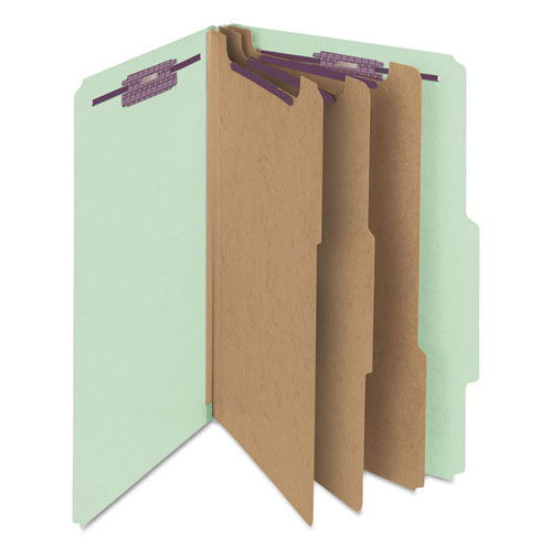 Image of Smead Pressboard Classification Folders, Eight SafeSHIELD Fasteners, 2/5-Cut Tabs, 3 Dividers, Legal Size, Gray-Green, 10/Box