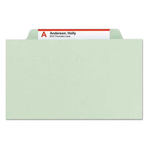 Image of Smead Pressboard Classification Folders, Eight SafeSHIELD Fasteners, 2/5-Cut Tabs, 3 Dividers, Legal Size, Gray-Green, 10/Box