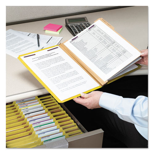 Image of Smead Eight-Section Pressboard Top Tab Classification Folders, Eight SafeSHIELD Fasteners, 3 Dividers, Letter Size, Yellow, 10/Box