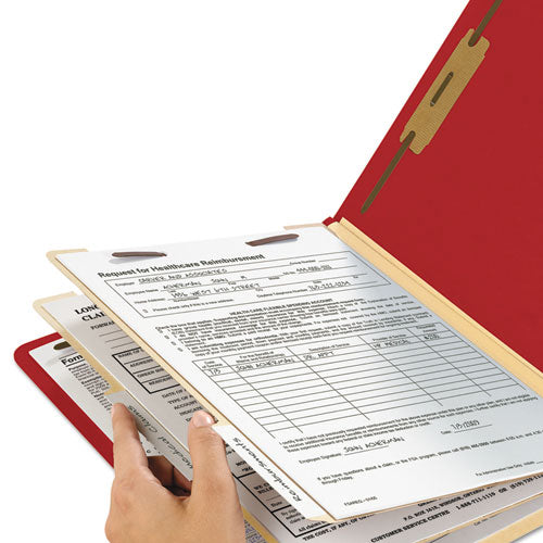 Image of Smead Top Tab Classification Folders, Six SafeSHIELD Fasteners, 2" Expansion, 2 Dividers, Letter Size, Red Exterior, 10/Box