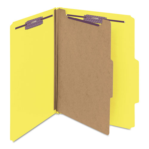 Image of Smead Four-Section Pressboard Top Tab Classification Folders, Four SafeSHIELD Fasteners, 1 Divider, Letter Size, Yellow, 10/Box