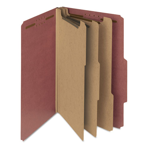Image of Smead Recycled Pressboard Classification Folders, 3" Expansion, 3 Dividers, 8 Fasteners, Legal Size, Red Exterior, 10/Box