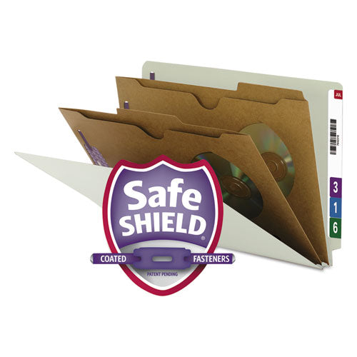 Image of Smead X-Heavy End Tab Pressboard Classification Folders, Six SafeSHIELD Fasteners, 2 Dividers, Legal Size, Gray-Green, 10/Box