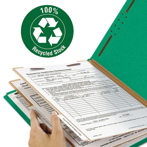 Image of Smead Recycled Pressboard Classification Folders, 2" Expansion, 2 Dividers, 6 Fasteners, Letter Size, Green Exterior, 10/Box