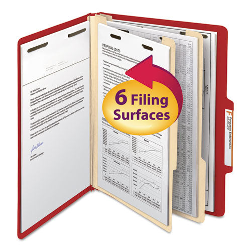 Image of Smead Top Tab Classification Folders, Six SafeSHIELD Fasteners, 2" Expansion, 2 Dividers, Letter Size, Red Exterior, 10/Box