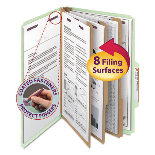 Image of Smead Pressboard Classification Folders, Eight SafeSHIELD Fasteners, 2/5-Cut Tabs, 3 Dividers, Legal Size, Gray-Green, 10/Box