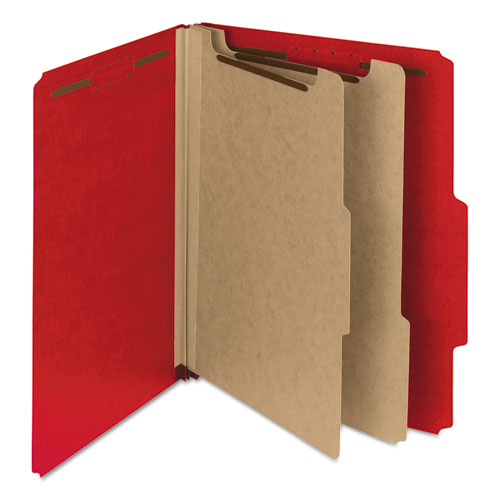 Image of Smead Recycled Pressboard Classification Folders, 2" Expansion, 2 Dividers, 6 Fasteners, Letter Size, Bright Red, 10/Box