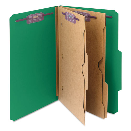 Image of Smead 6-Section Pressboard Top Tab Pocket Classification Folders, 6 SafeSHIELD Fasteners, 2 Dividers, Legal Size, Green, 10/Box