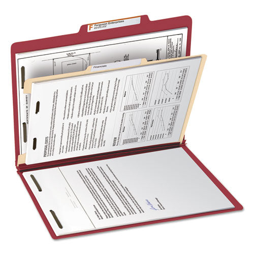 Image of Smead Top Tab Classification Folders, Four SafeSHIELD Fasteners, 2" Expansion, 1 Divider, Letter Size, Red Exterior, 10/Box