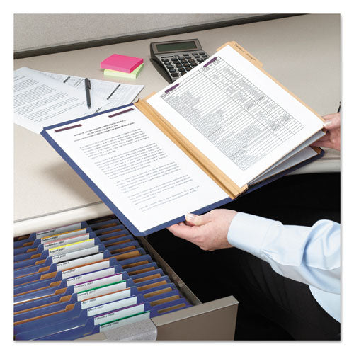 Image of Smead Eight-Section Pressboard Top Tab Classification Folders, 8 SafeSHIELD Fasteners, 3 Dividers, Legal Size, Dark Blue, 10/Box