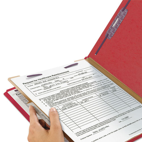 Image of Smead Four-Section Pressboard Top Tab Classification Folders, Four SafeSHIELD Fasteners, 1 Divider, Legal Size, Bright Red, 10/Box