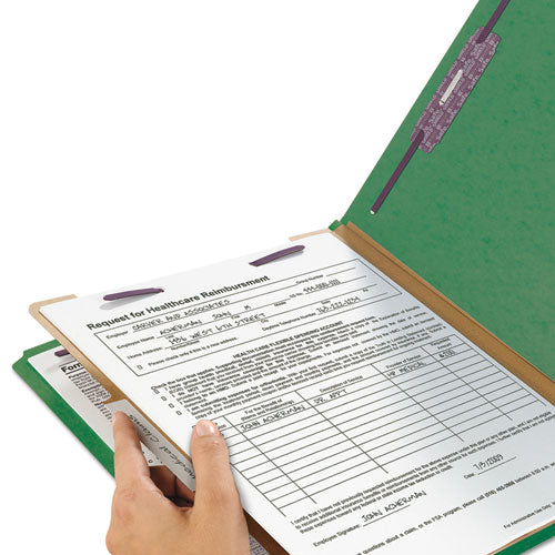 Image of Smead Four-Section Pressboard Top Tab Classification Folders, Four SafeSHIELD Fasteners, 1 Divider, Letter Size, Green, 10/Box