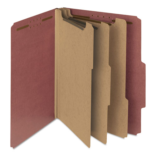 Image of Smead Recycled Pressboard Classification Folders, 3" Expansion, 3 Dividers, 8 Fasteners, Letter Size, Red Exterior, 10/Box