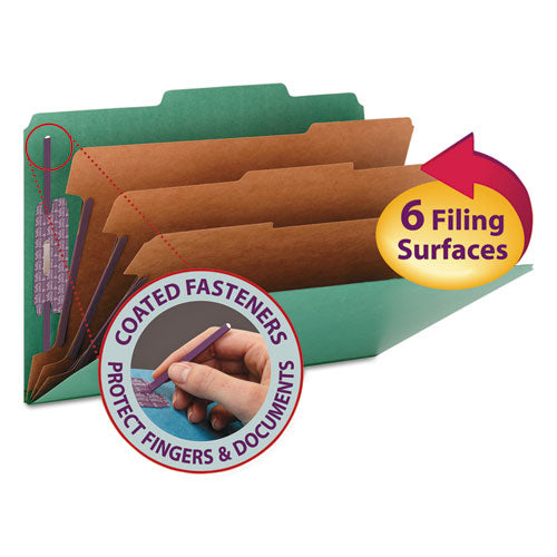 Image of Smead Eight-Section Pressboard Top Tab Classification Folders, Eight SafeSHIELD Fasteners, 3 Dividers, Legal Size, Green, 10/Box