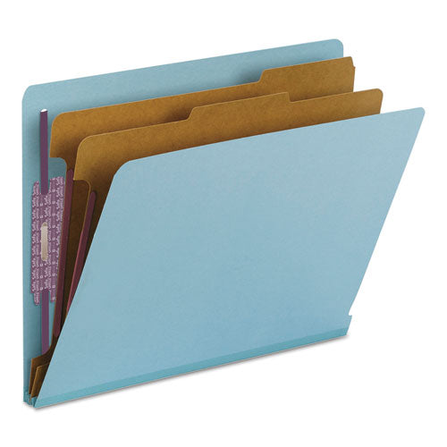 Image of Smead End Tab Pressboard Classification Folders, Six SafeSHIELD Fasteners, 2" Expansion, 2 Dividers, Letter Size, Blue, 10/Box