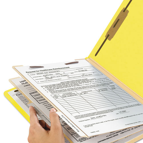 Image of Smead Top Tab Classification Folders, Six SafeSHIELD Fasteners, 2" Expansion, 2 Dividers, Letter Size, Yellow Exterior, 10/Box