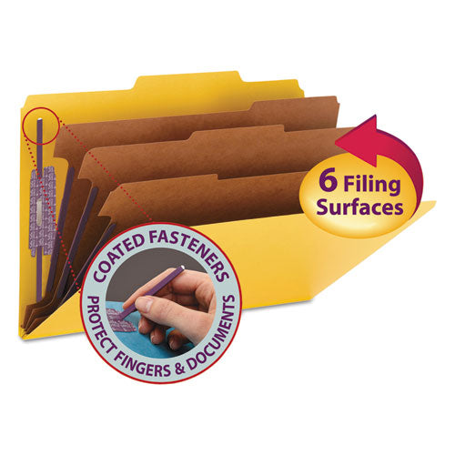 Image of Smead Eight-Section Pressboard Top Tab Classification Folders, Eight SafeSHIELD Fasteners, 3 Dividers, Legal Size, Yellow, 10/Box