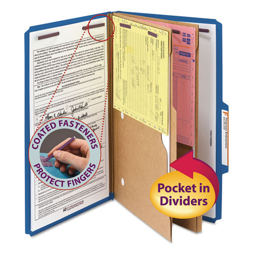 Image of Smead 6-Section Pressboard Top Tab Pocket Classification Folders, 6 SafeSHIELD Fasteners, 2 Dividers, Legal Size, Dark Blue, 10/Box