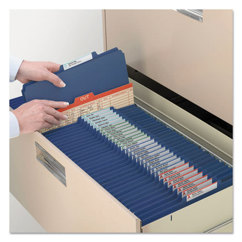 Image of Smead Four-Section Pressboard Top Tab Classification Folders, Four SafeSHIELD Fasteners, 1 Divider, Letter Size, Dark Blue, 10/Box