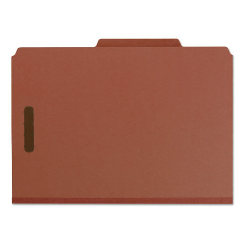 Image of Smead Recycled Pressboard Classification Folders, 3" Expansion, 3 Dividers, 8 Fasteners, Legal Size, Red Exterior, 10/Box