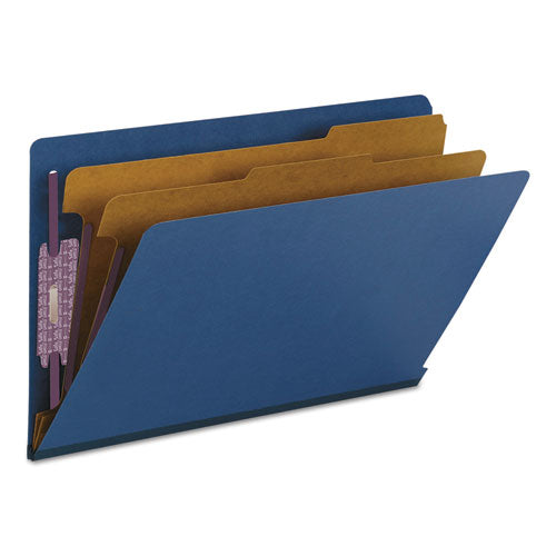Image of Smead End Tab Pressboard Classification Folders, Six SafeSHIELD Fasteners, 2" Expansion, 2 Dividers, Legal Size, Dark Blue, 10/Box