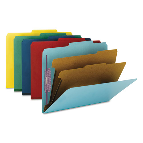 Image of Smead Six-Section Pressboard Top Tab Classification Folders, Six SafeSHIELD Fasteners, 2 Dividers, Letter Size, Assorted, 10/Box