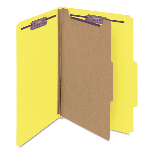 Image of Smead Four-Section Pressboard Top Tab Classification Folders, Four SafeSHIELD Fasteners, 1 Divider, Legal Size, Yellow, 10/Box